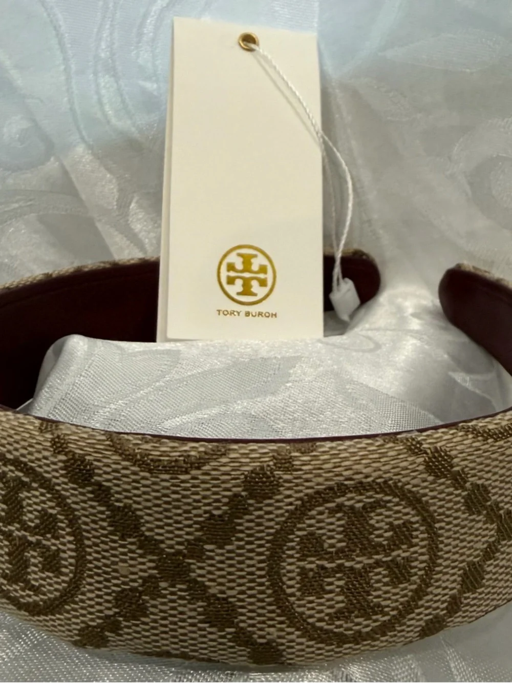 Tory Burch Beige Logo Pattern Headband with Brown Leather Lining. New - Picture 5 of 7